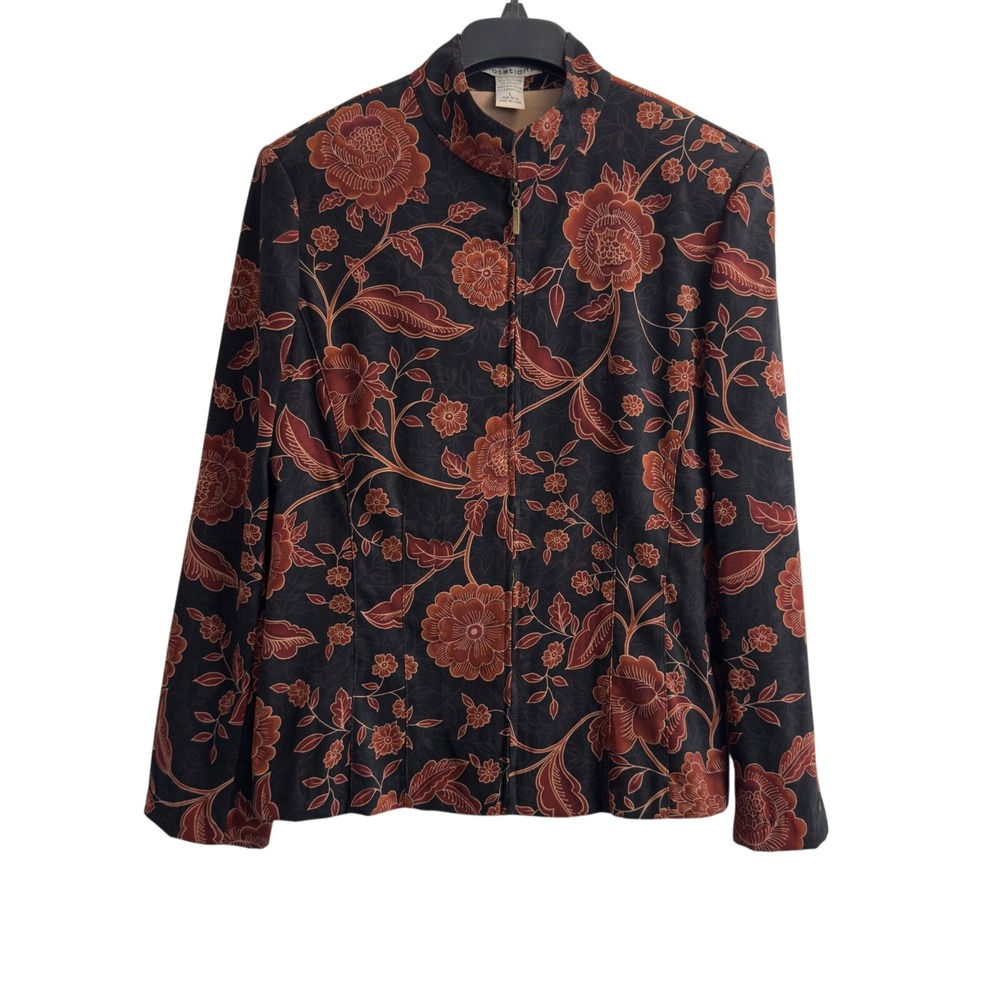 NEW Notations Womens size L Black Floral Zip Front Mock Neck Jacket